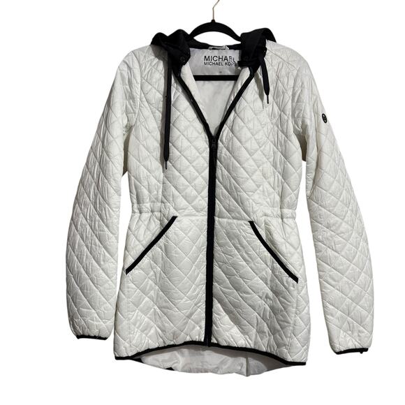Michael Kors White & Black Trim Quilted Nylon jacket with Hood & Pockets Medium - Picture 1 of 9